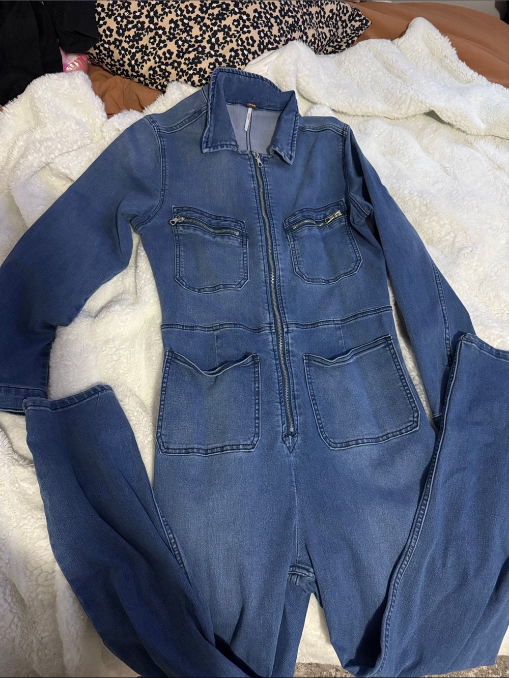 Free People Blue Denim Zip-Front Utility Jumpsuit